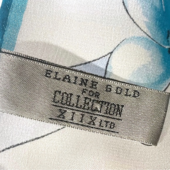 100% Silk Scarf - ELAINE GOLD for Collection XIIX - Blue White Floral 53” x 10” - Picture 12 of 13